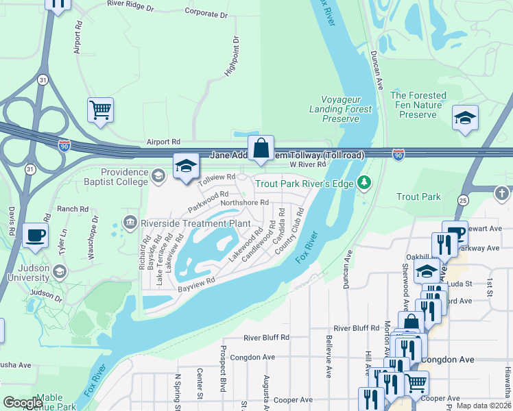 map of restaurants, bars, coffee shops, grocery stores, and more near 161 Recreation Road in Elgin