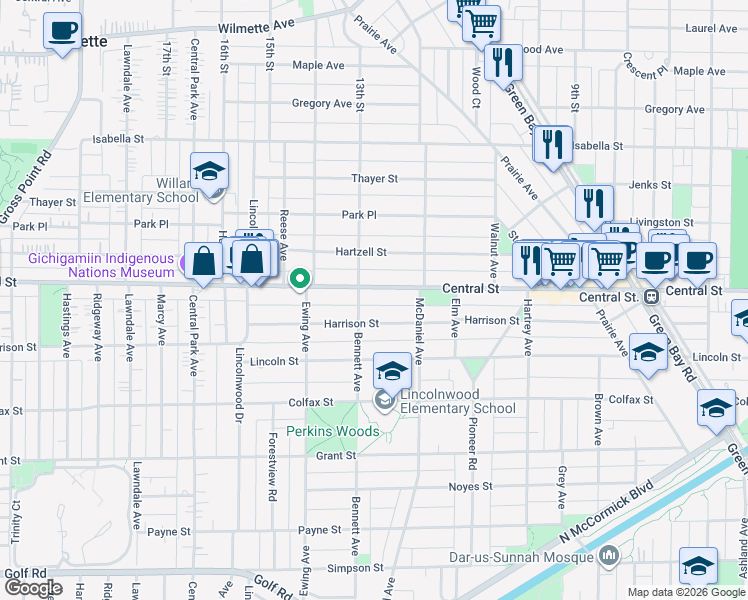 map of restaurants, bars, coffee shops, grocery stores, and more near 2620 Central Street in Evanston