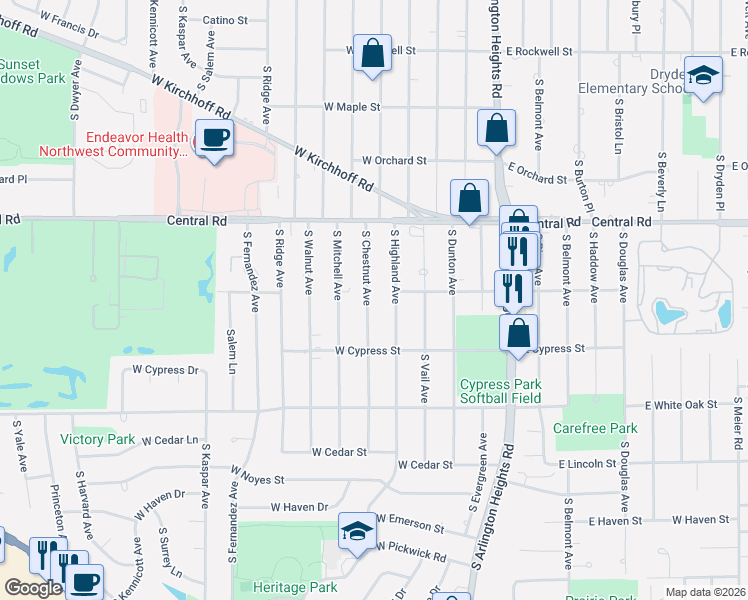 map of restaurants, bars, coffee shops, grocery stores, and more near 1051 South Chestnut Avenue in Arlington Heights