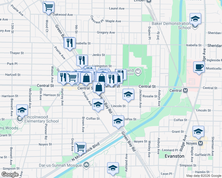 map of restaurants, bars, coffee shops, grocery stores, and more near 1720 Central Street in Evanston