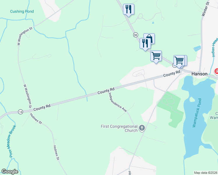 map of restaurants, bars, coffee shops, grocery stores, and more near 331 County Road in Hanson