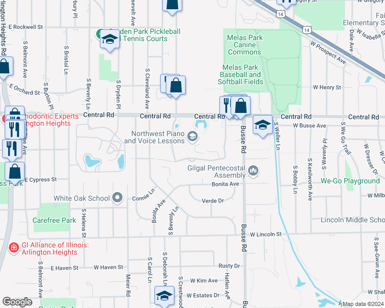 map of restaurants, bars, coffee shops, grocery stores, and more near 1515 East Central Road in Arlington Heights