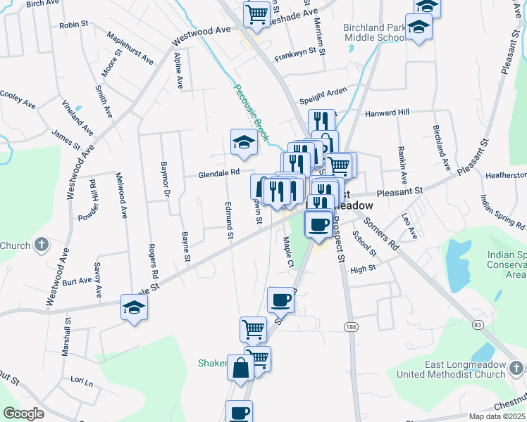 map of restaurants, bars, coffee shops, grocery stores, and more near 15-21 Baldwin St in East Longmeadow