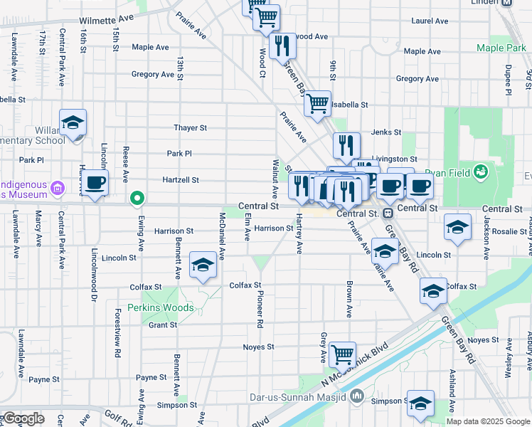 map of restaurants, bars, coffee shops, grocery stores, and more near 2308 Central Street in Evanston