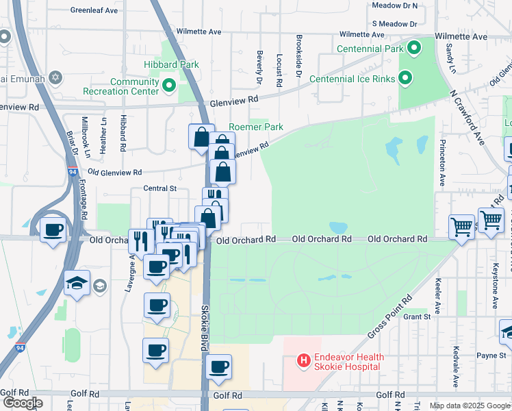map of restaurants, bars, coffee shops, grocery stores, and more near 10115 Old Orchard Court in Skokie