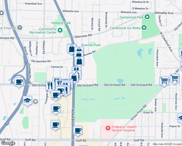 map of restaurants, bars, coffee shops, grocery stores, and more near 10113 Old Orchard Court in Skokie