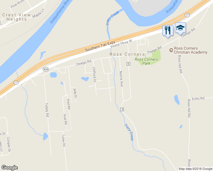 map of restaurants, bars, coffee shops, grocery stores, and more near 336 Midland Road in Vestal