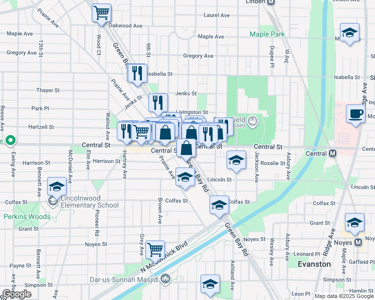 map of restaurants, bars, coffee shops, grocery stores, and more near 1826 Central Street in Evanston