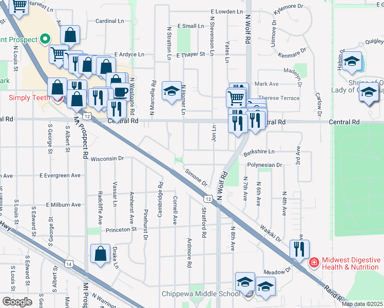 map of restaurants, bars, coffee shops, grocery stores, and more near 420 Berkshire Lane in Des Plaines