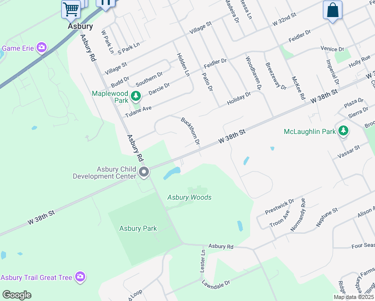 map of restaurants, bars, coffee shops, grocery stores, and more near 4540 Cedarwood Drive in Erie