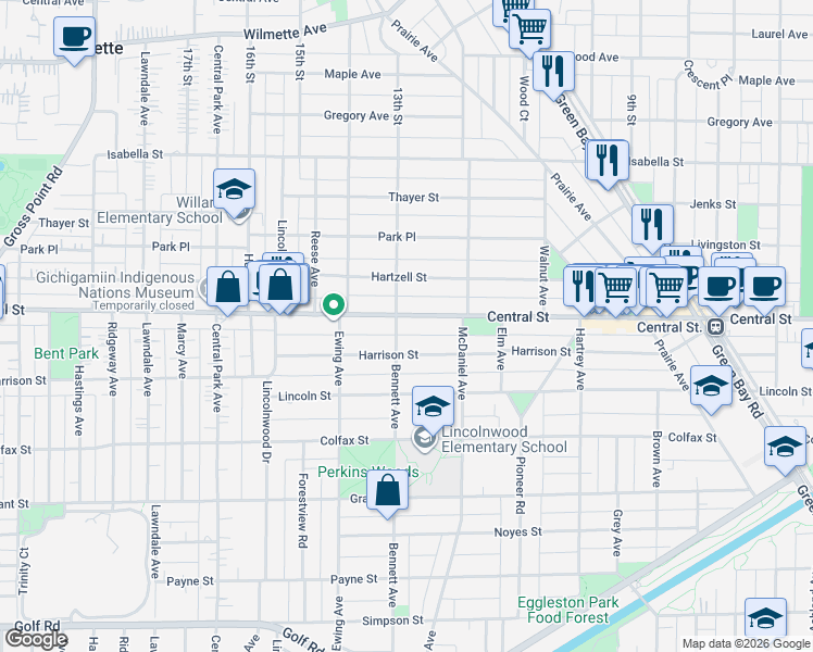 map of restaurants, bars, coffee shops, grocery stores, and more near 2602 Bennett Avenue in Evanston