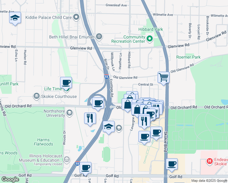 map of restaurants, bars, coffee shops, grocery stores, and more near 10065A Frontage Road in Skokie
