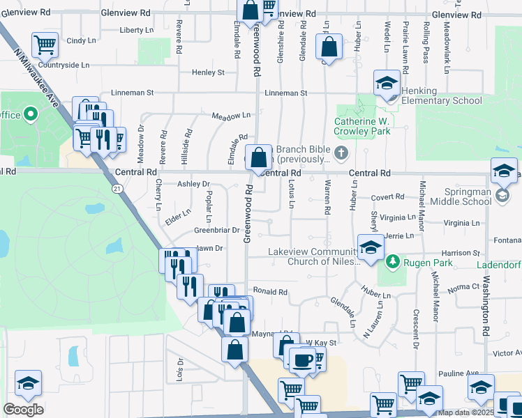 map of restaurants, bars, coffee shops, grocery stores, and more near 404 Glendale Road in Glenview