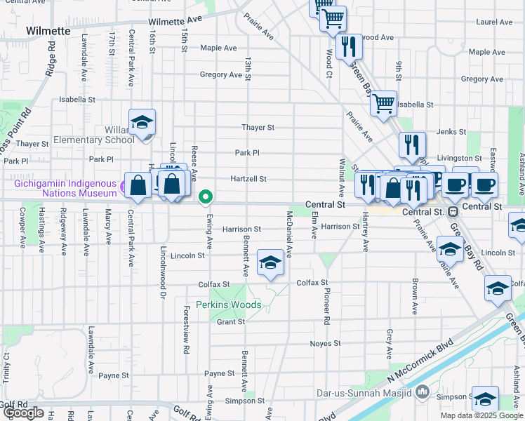 map of restaurants, bars, coffee shops, grocery stores, and more near 2610 Central Street in Evanston