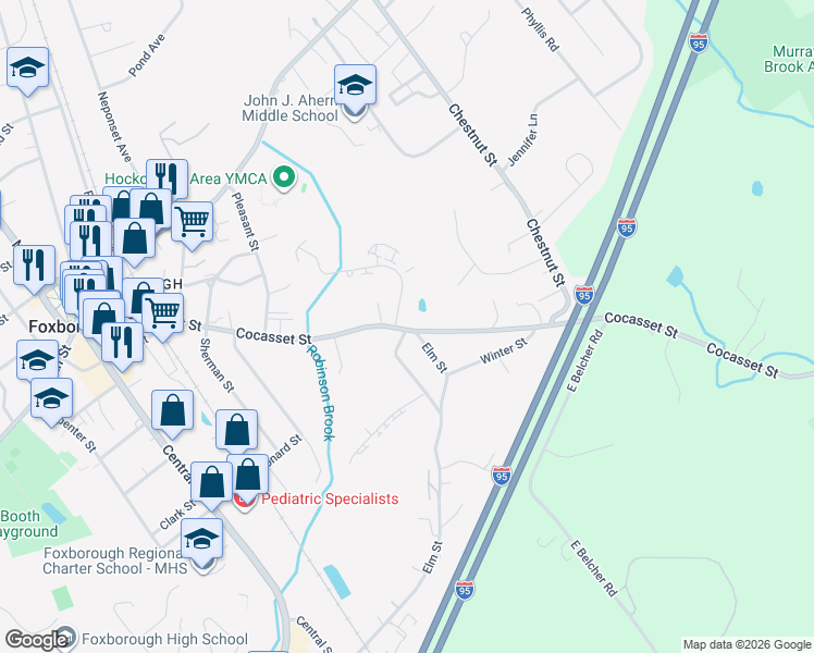map of restaurants, bars, coffee shops, grocery stores, and more near 96 Cocasset Street in Foxborough