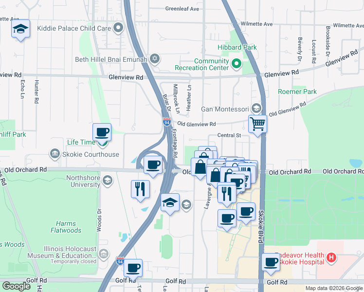 map of restaurants, bars, coffee shops, grocery stores, and more near 10055 Frontage Road in Skokie