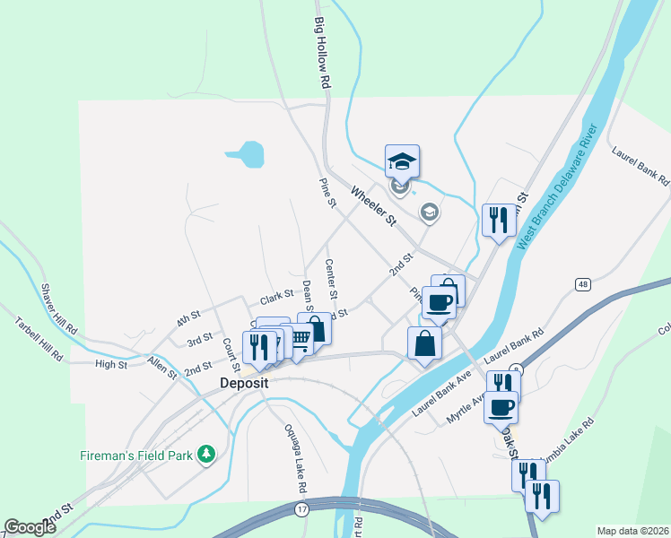 map of restaurants, bars, coffee shops, grocery stores, and more near 20 Center Street in Deposit