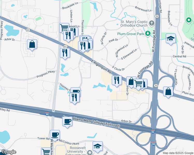 map of restaurants, bars, coffee shops, grocery stores, and more near 1919 Prairie Square in Schaumburg