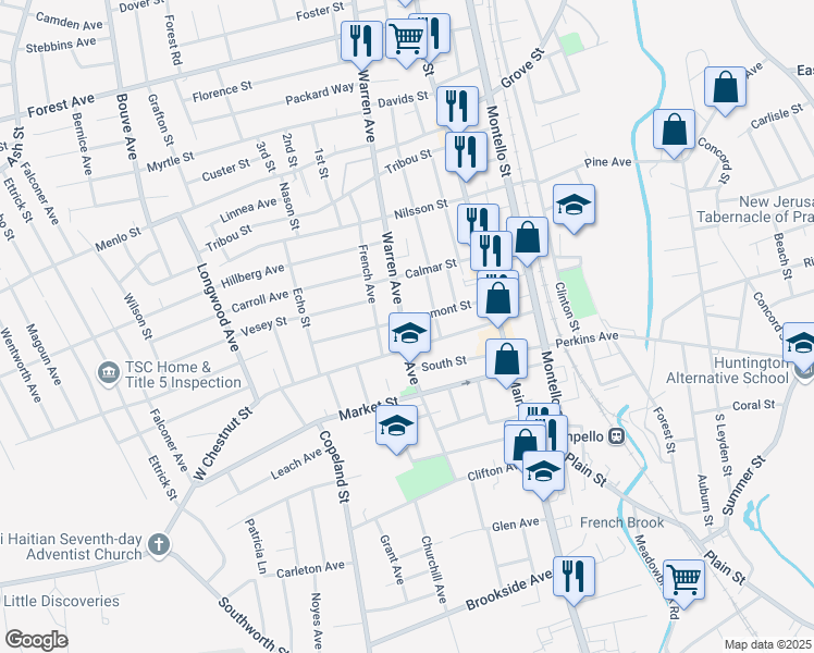 map of restaurants, bars, coffee shops, grocery stores, and more near 1070 Warren Avenue in Brockton