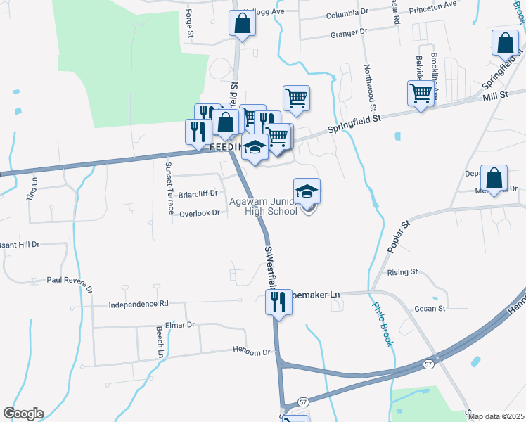 map of restaurants, bars, coffee shops, grocery stores, and more near 95 South Westfield Street in Agawam