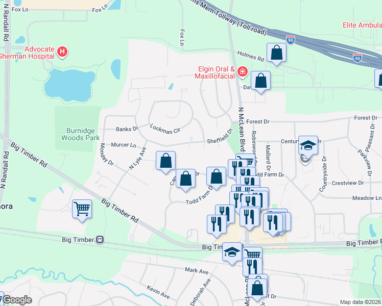 map of restaurants, bars, coffee shops, grocery stores, and more near 1699 Sheffield Drive in Elgin