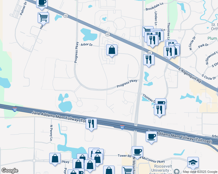 map of restaurants, bars, coffee shops, grocery stores, and more near 2021 Parkside Drive in Schaumburg