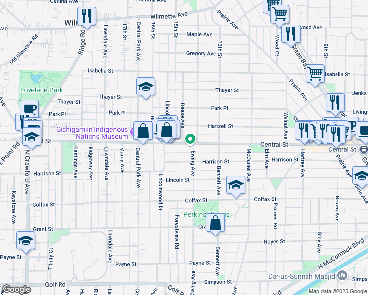 map of restaurants, bars, coffee shops, grocery stores, and more near 2901 Central Street in Evanston