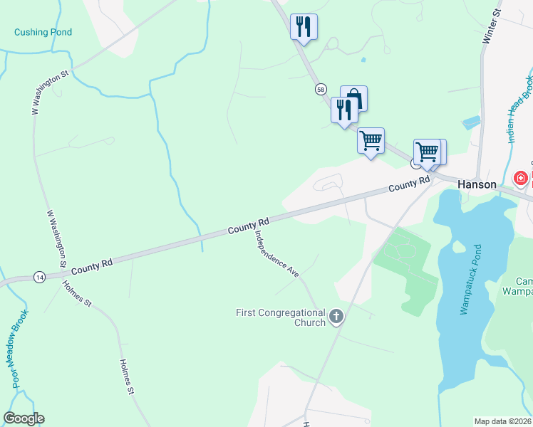 map of restaurants, bars, coffee shops, grocery stores, and more near 331 County Road in Hanson