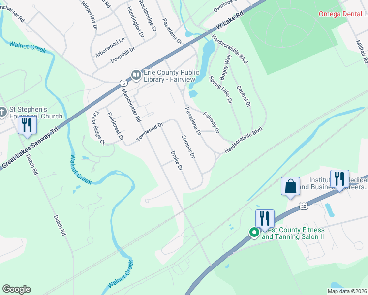 map of restaurants, bars, coffee shops, grocery stores, and more near 1414 Sumner Dr in Erie