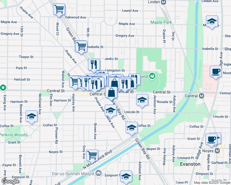 map of restaurants, bars, coffee shops, grocery stores, and more near in Evanston