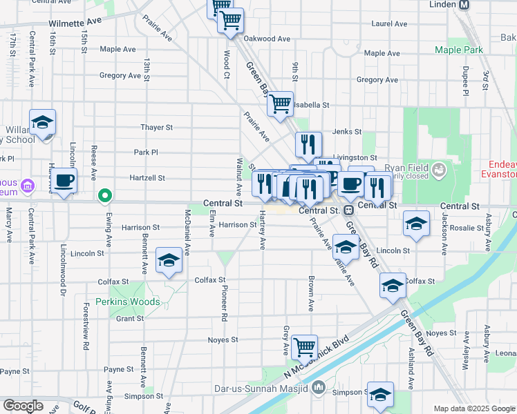 map of restaurants, bars, coffee shops, grocery stores, and more near 2135 Central Street in Evanston