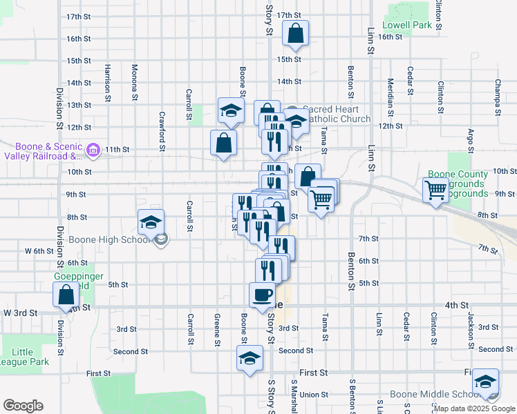 map of restaurants, bars, coffee shops, grocery stores, and more near 813 1/2 Keeler Street in Boone
