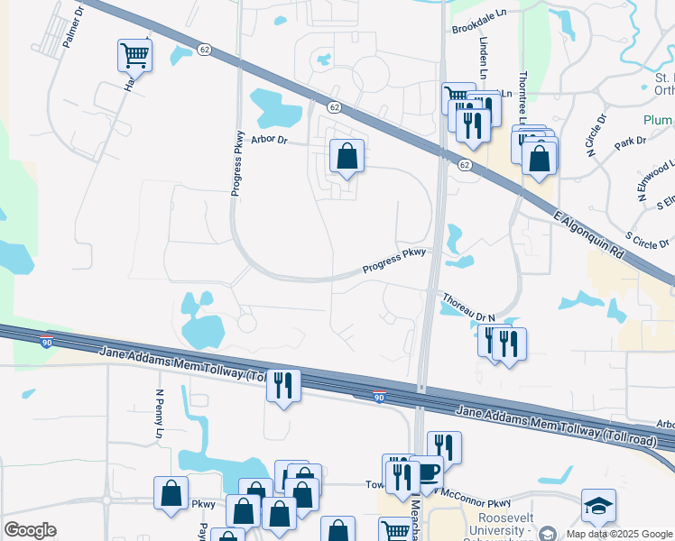 map of restaurants, bars, coffee shops, grocery stores, and more near 2021 Parkside Drive in Schaumburg