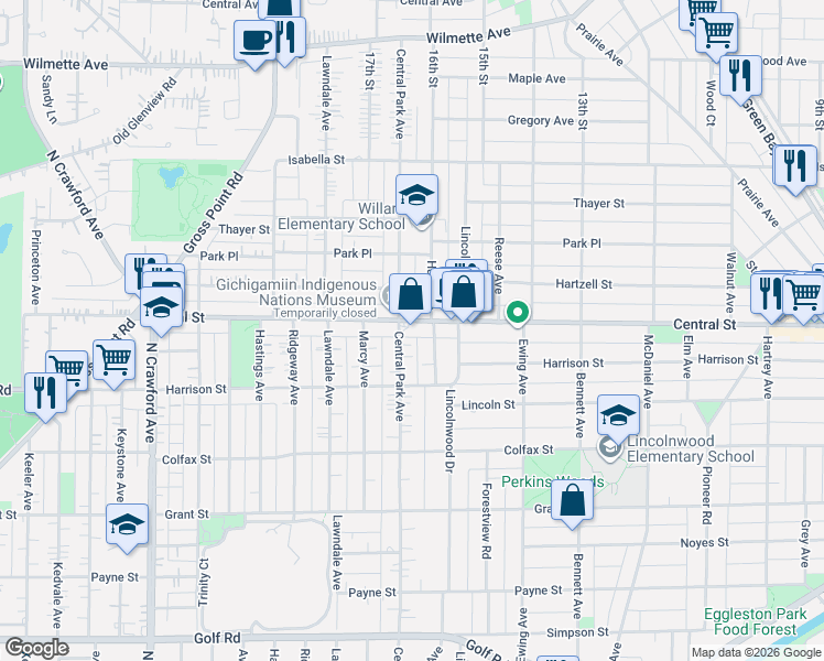 map of restaurants, bars, coffee shops, grocery stores, and more near 2951 Central Street in Evanston