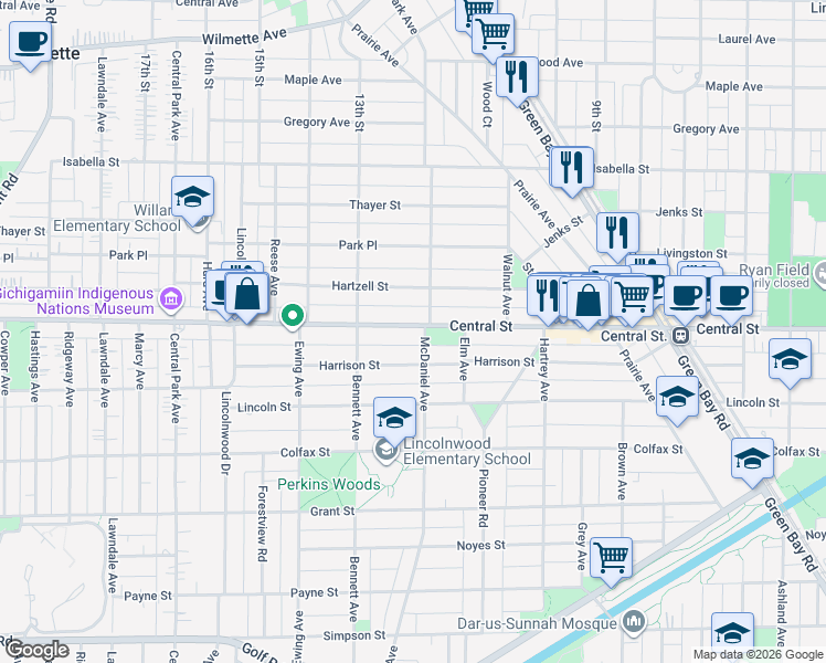 map of restaurants, bars, coffee shops, grocery stores, and more near 2500 Central Street in Evanston
