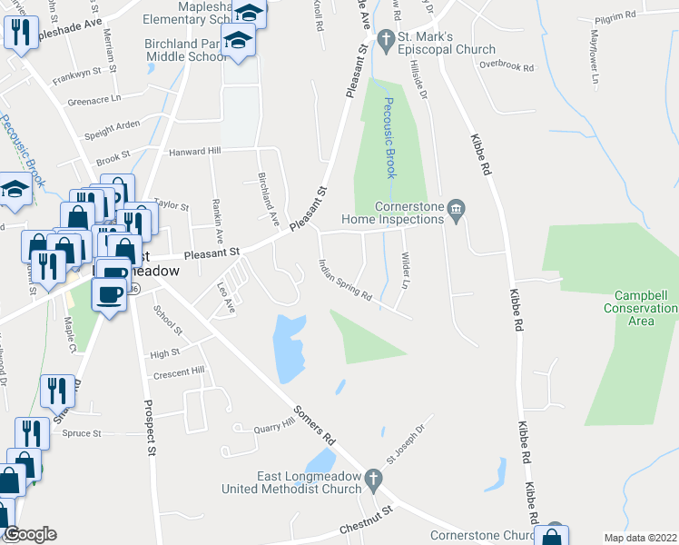 map of restaurants, bars, coffee shops, grocery stores, and more near 47 Indian Spring Road in East Longmeadow