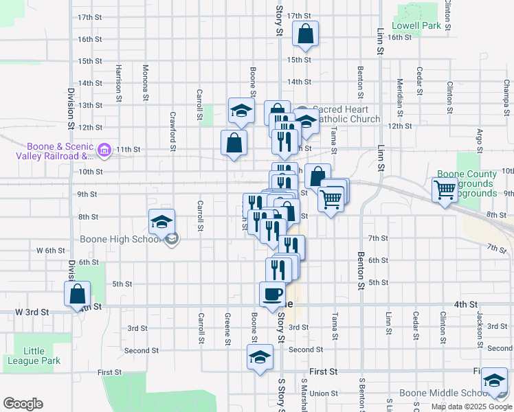 map of restaurants, bars, coffee shops, grocery stores, and more near 809 Keeler Street in Boone