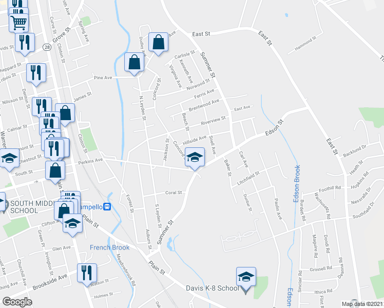 map of restaurants, bars, coffee shops, grocery stores, and more near 10 Burton Avenue in Brockton