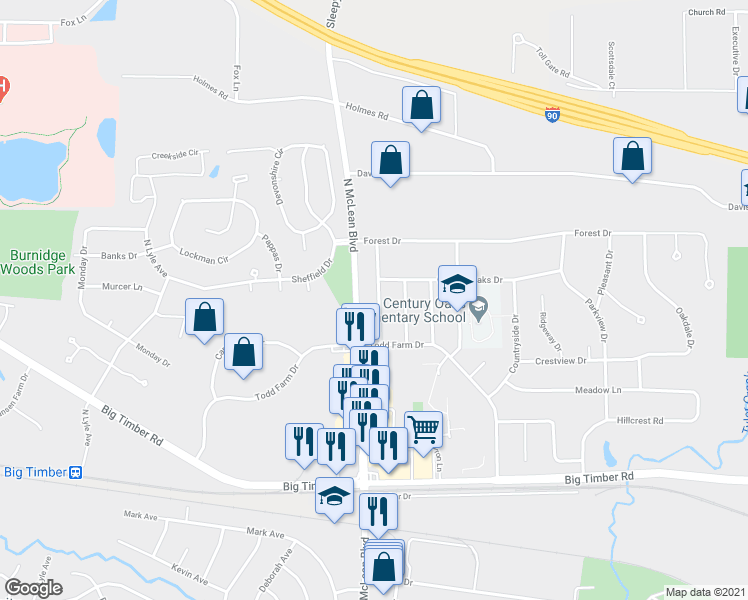 map of restaurants, bars, coffee shops, grocery stores, and more near 1254 Robinwood Drive in Elgin