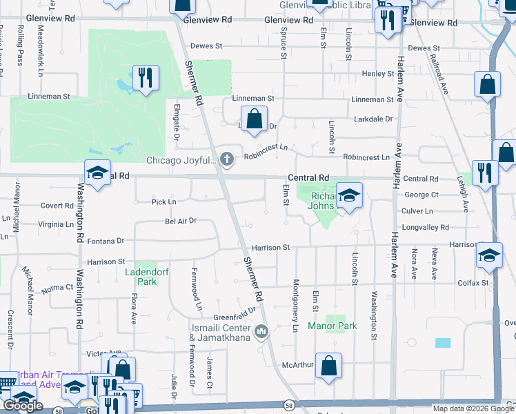 map of restaurants, bars, coffee shops, grocery stores, and more near 2225 Covert Road in Glenview