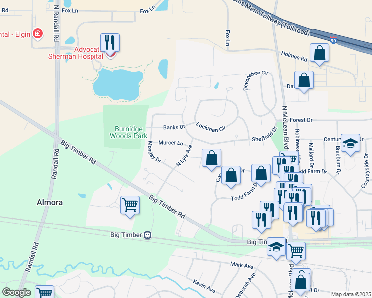map of restaurants, bars, coffee shops, grocery stores, and more near 1905 Murcer Lane in Elgin