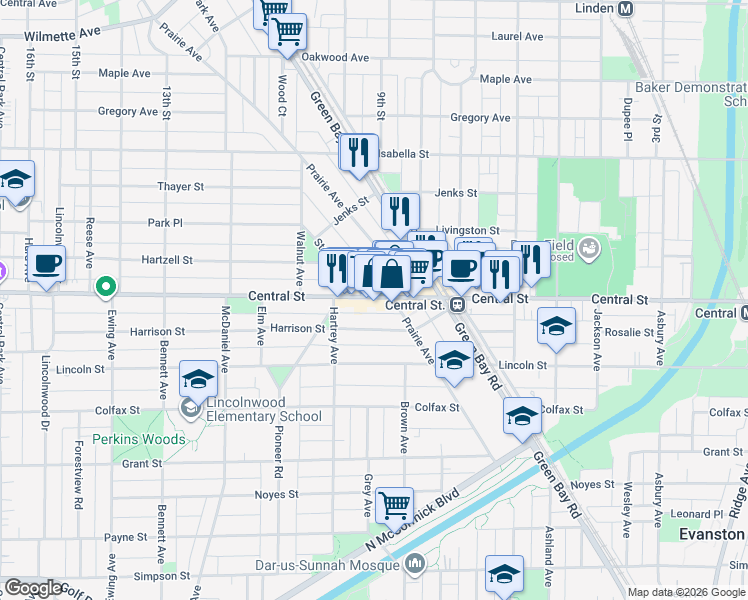 map of restaurants, bars, coffee shops, grocery stores, and more near 2016 Central Street in Evanston