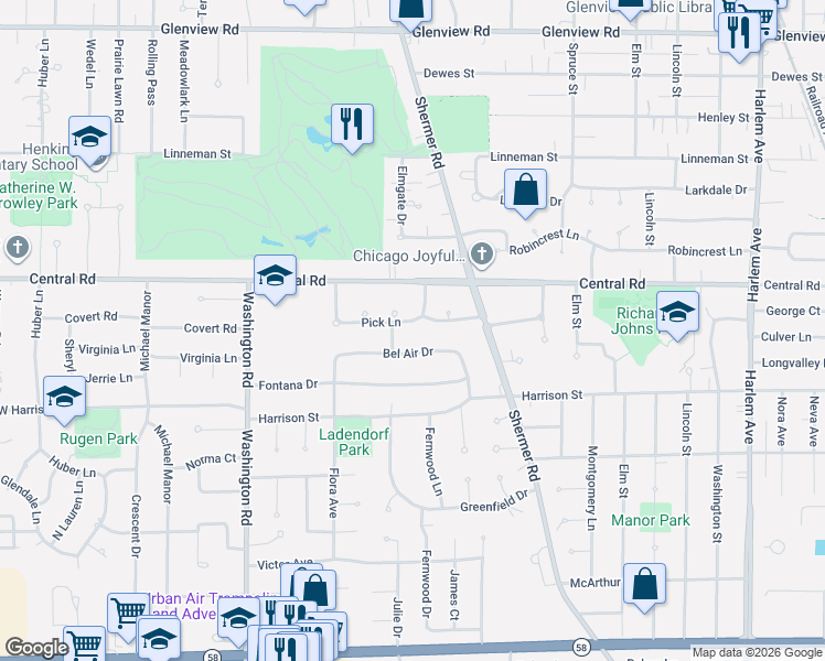 map of restaurants, bars, coffee shops, grocery stores, and more near 2441 Pick Lane in Glenview