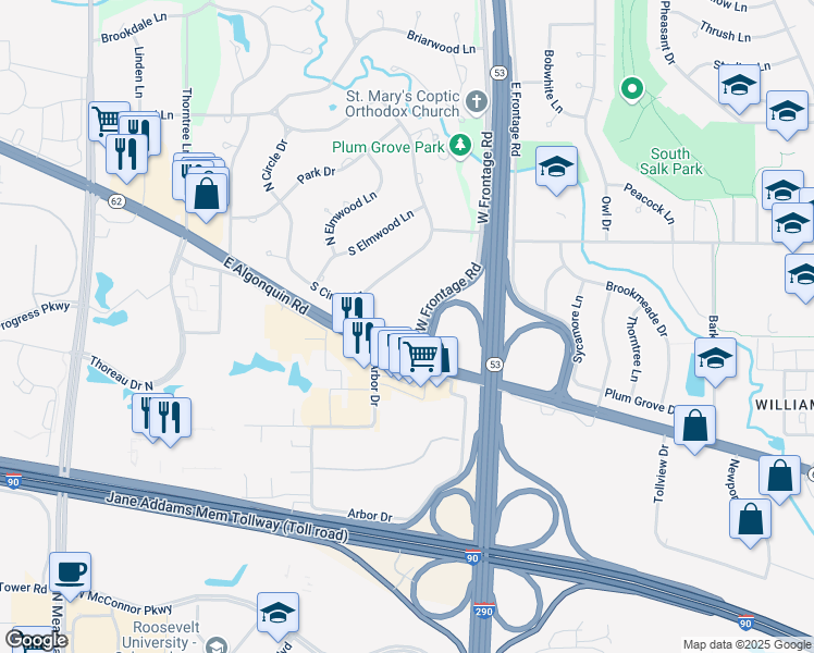 map of restaurants, bars, coffee shops, grocery stores, and more near 2000 East Algonquin Road in Palatine