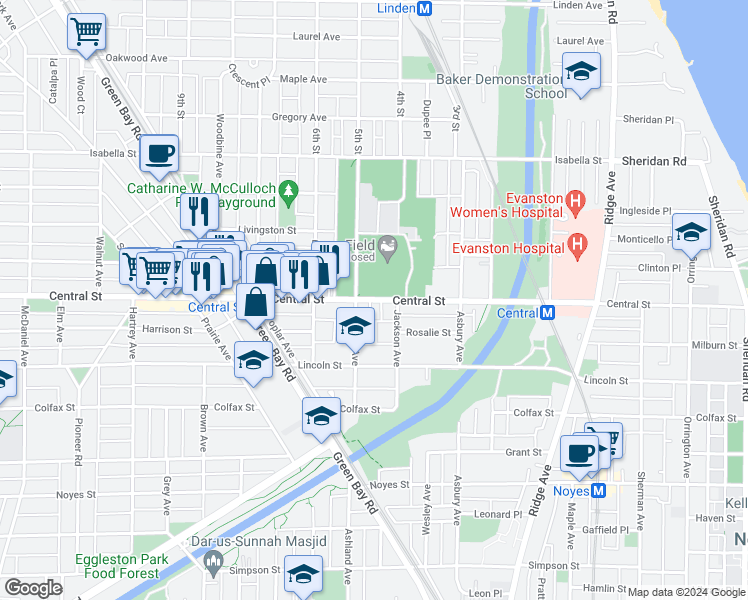 map of restaurants, bars, coffee shops, grocery stores, and more near 1522 Central Street in Evanston
