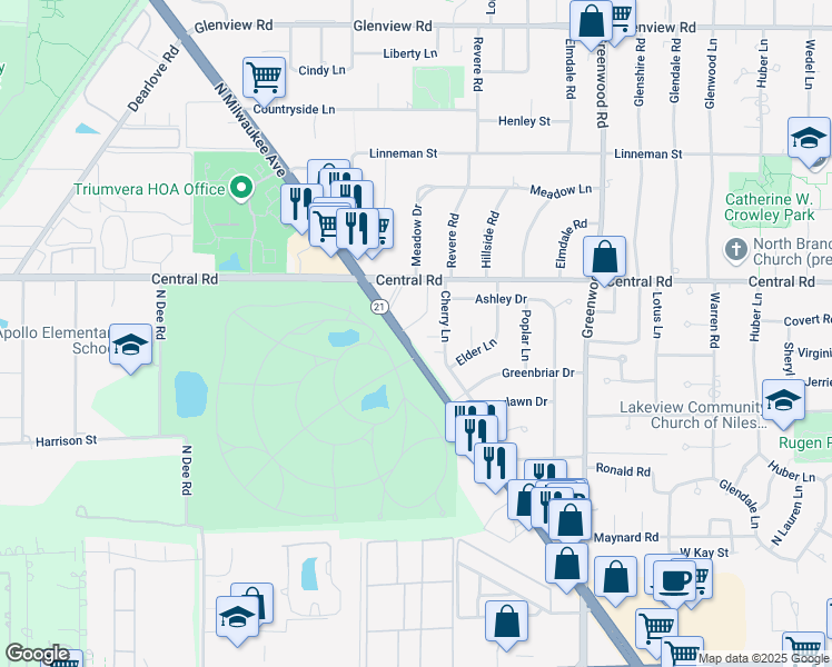 map of restaurants, bars, coffee shops, grocery stores, and more near 508 Cherry Circle in Glenview