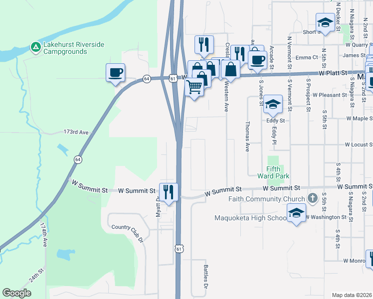 map of restaurants, bars, coffee shops, grocery stores, and more near 3379-4429 U.S. 61 in Maquoketa