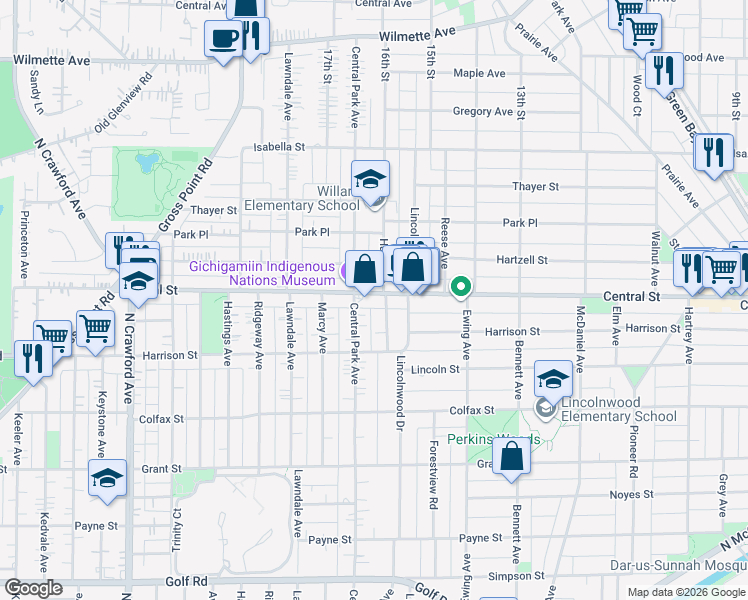 map of restaurants, bars, coffee shops, grocery stores, and more near 2951 Central Street in Evanston