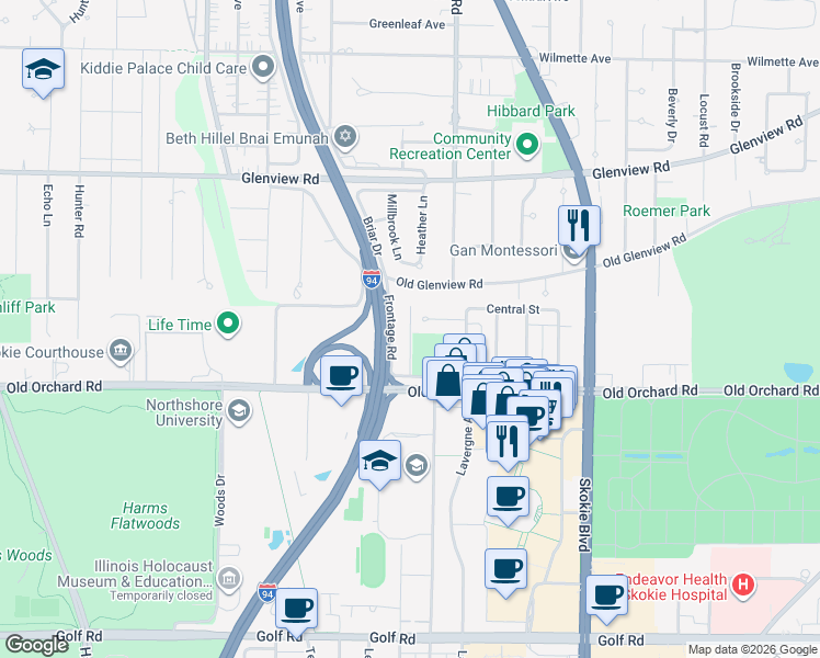 map of restaurants, bars, coffee shops, grocery stores, and more near 5029 Culver Street in Skokie