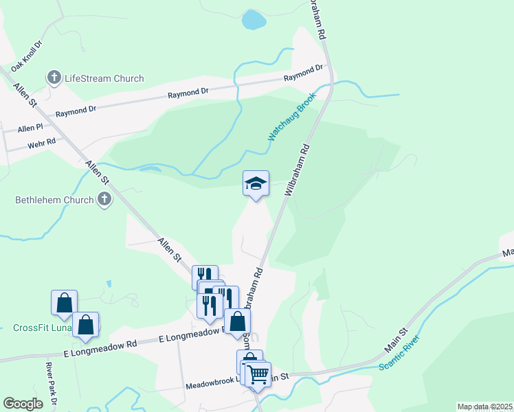 map of restaurants, bars, coffee shops, grocery stores, and more near 85 Wilbraham Road in Hampden